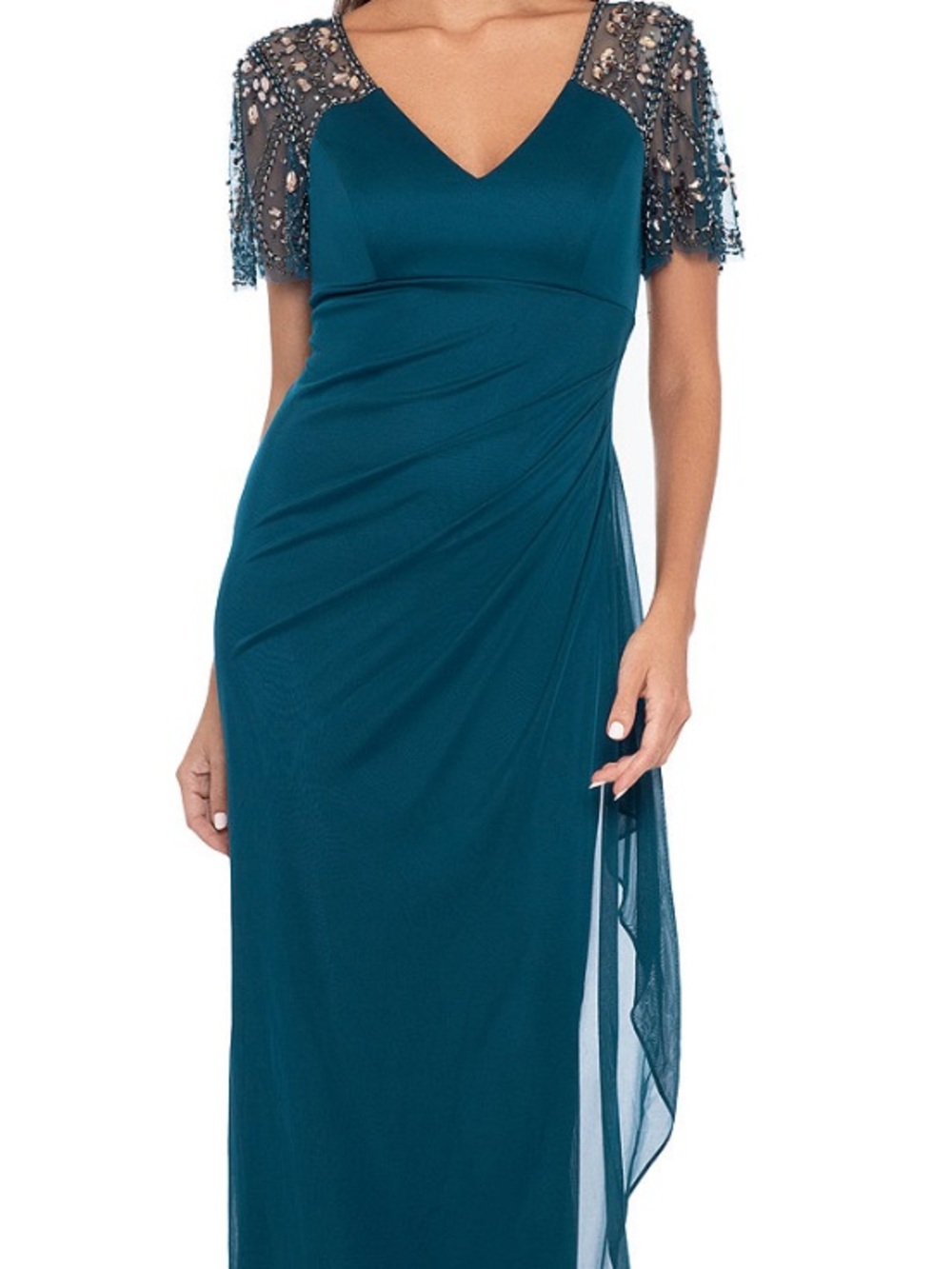 Xscape Teal V-Neck Beaded Short-Sleeve Evening Gown